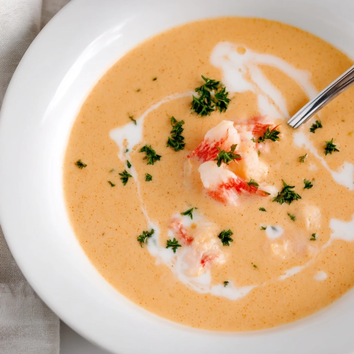 Golden creamy crab and shrimp bisque with pink shrimp in a white bowl