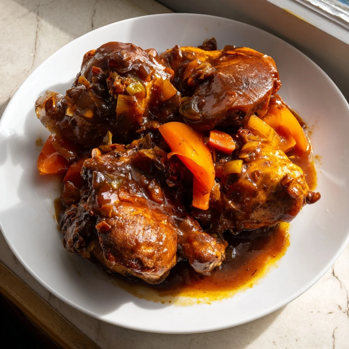 Tender Jamaican brown stew chicken simmered in a rich, spiced brown gravy