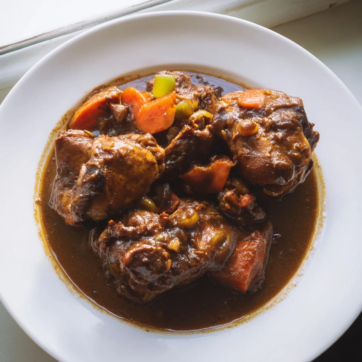 Golden seared Jamaican brown stew chicken in a thick savory tomato-based sauce