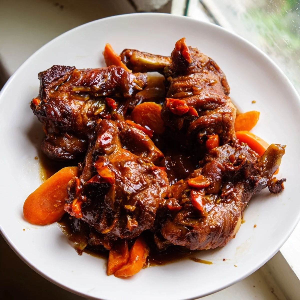 Jamaican brown stew chicken served over steamed white rice with carrot slices