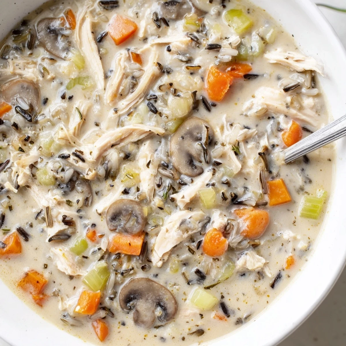 Golden shreds of chicken peek through a rich broth in this slow cooker chicken mushroom wild rice soup topped with fresh thyme