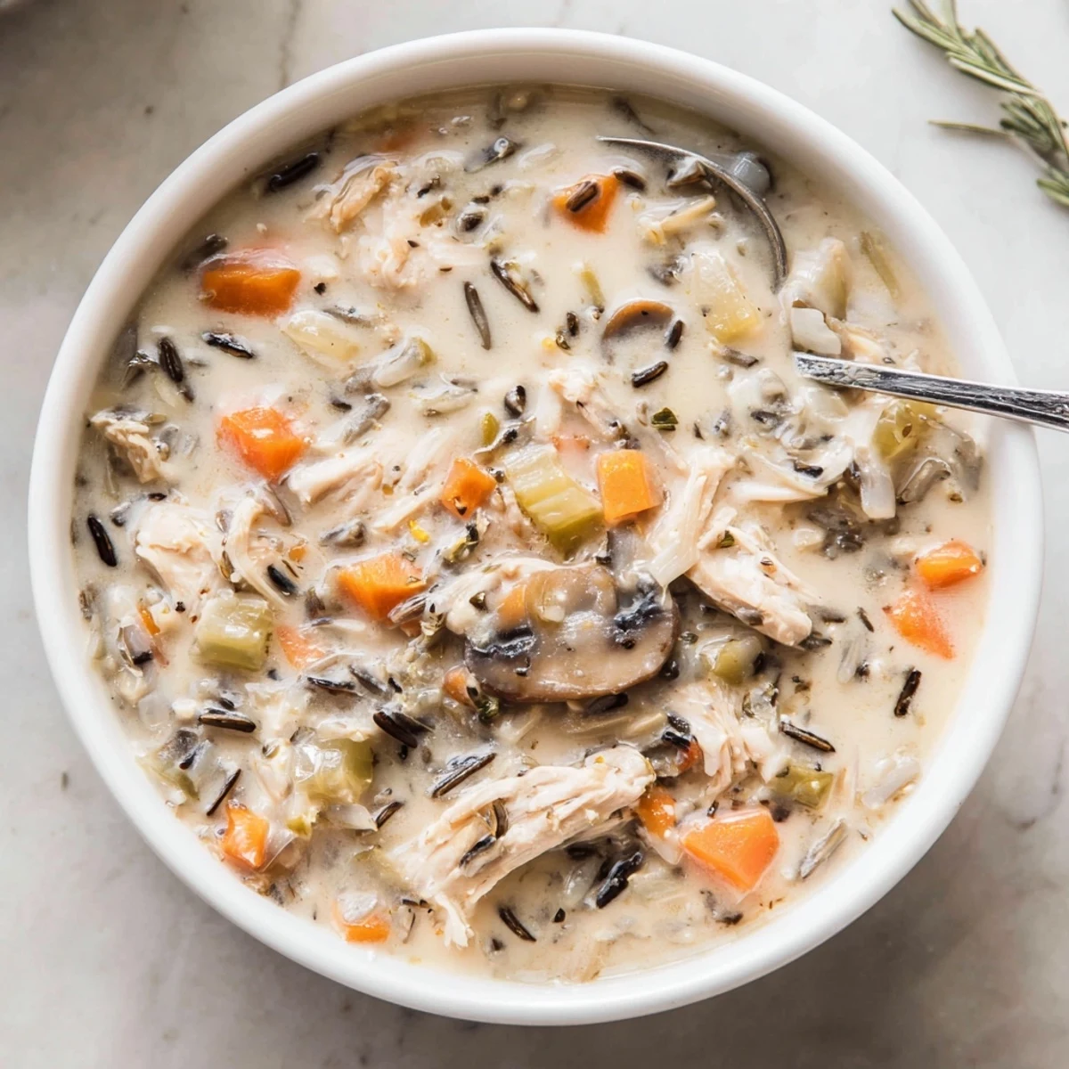 Steaming bowl of creamy slow cooker chicken mushroom wild rice soup with shredded chicken and rustic bread on the side