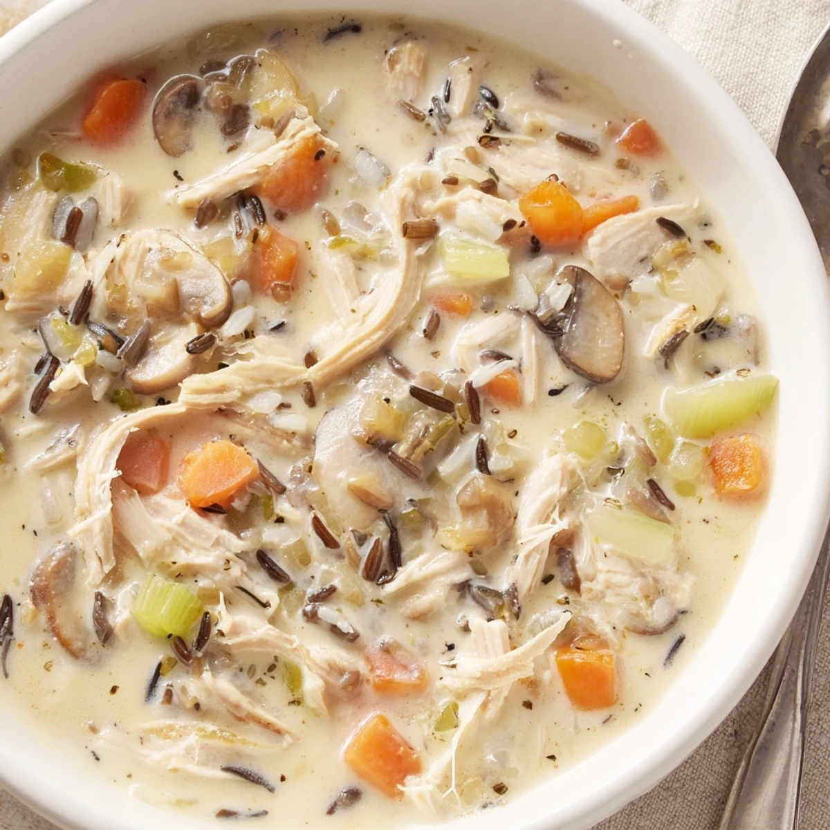 A cozy slow cooker chicken mushroom wild rice soup ladled into a white bowl with carrots and earthy cremini mushrooms visible throughout