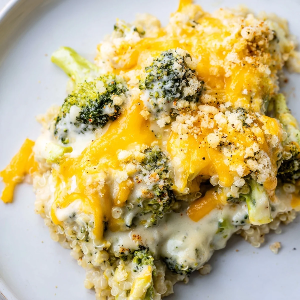 Golden creamy broccoli quinoa casserole fresh from the oven, bubbling with melted cheddar cheese.