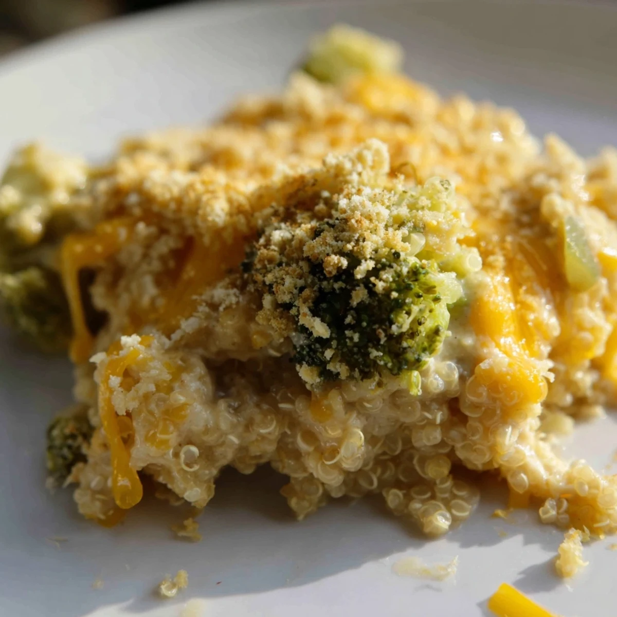 A cozy dish of creamy broccoli quinoa casserole topped with crispy golden breadcrumbs.