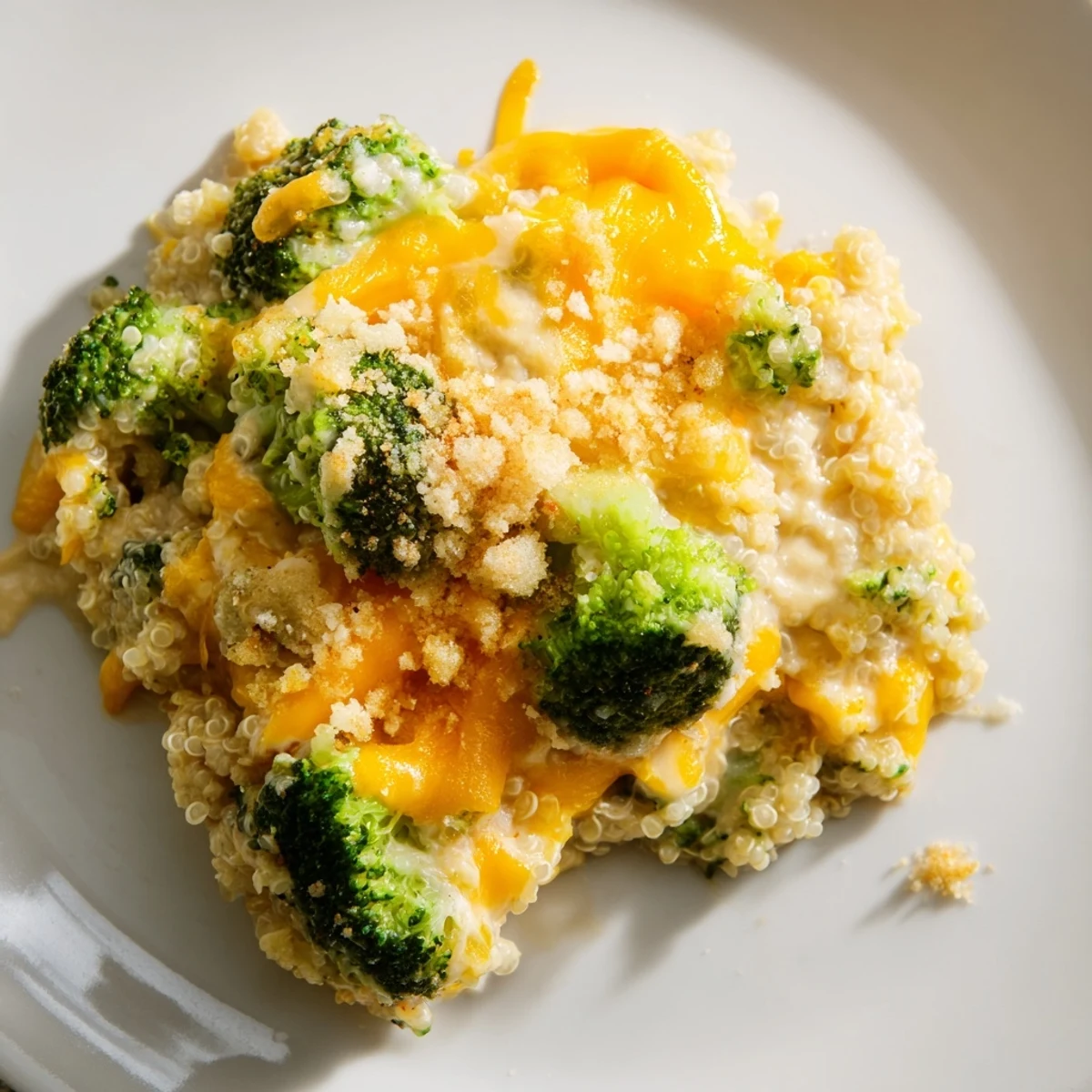 Slices of creamy broccoli quinoa casserole served warm on a family dinner plate.
