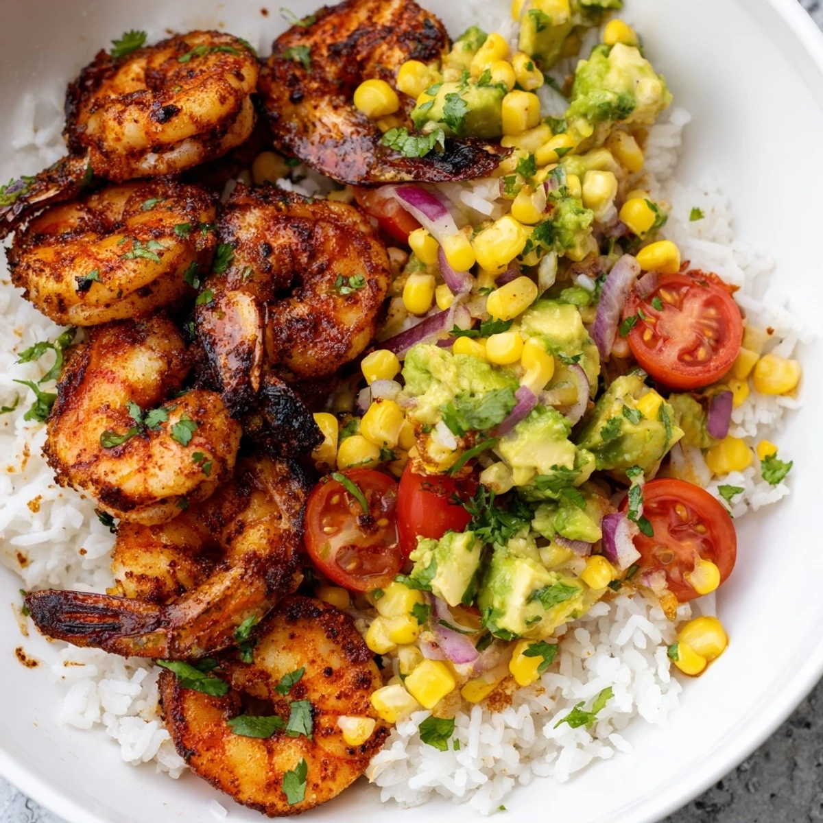 Charred grilled shrimp bowl with avocado corn salsa over fluffy white rice