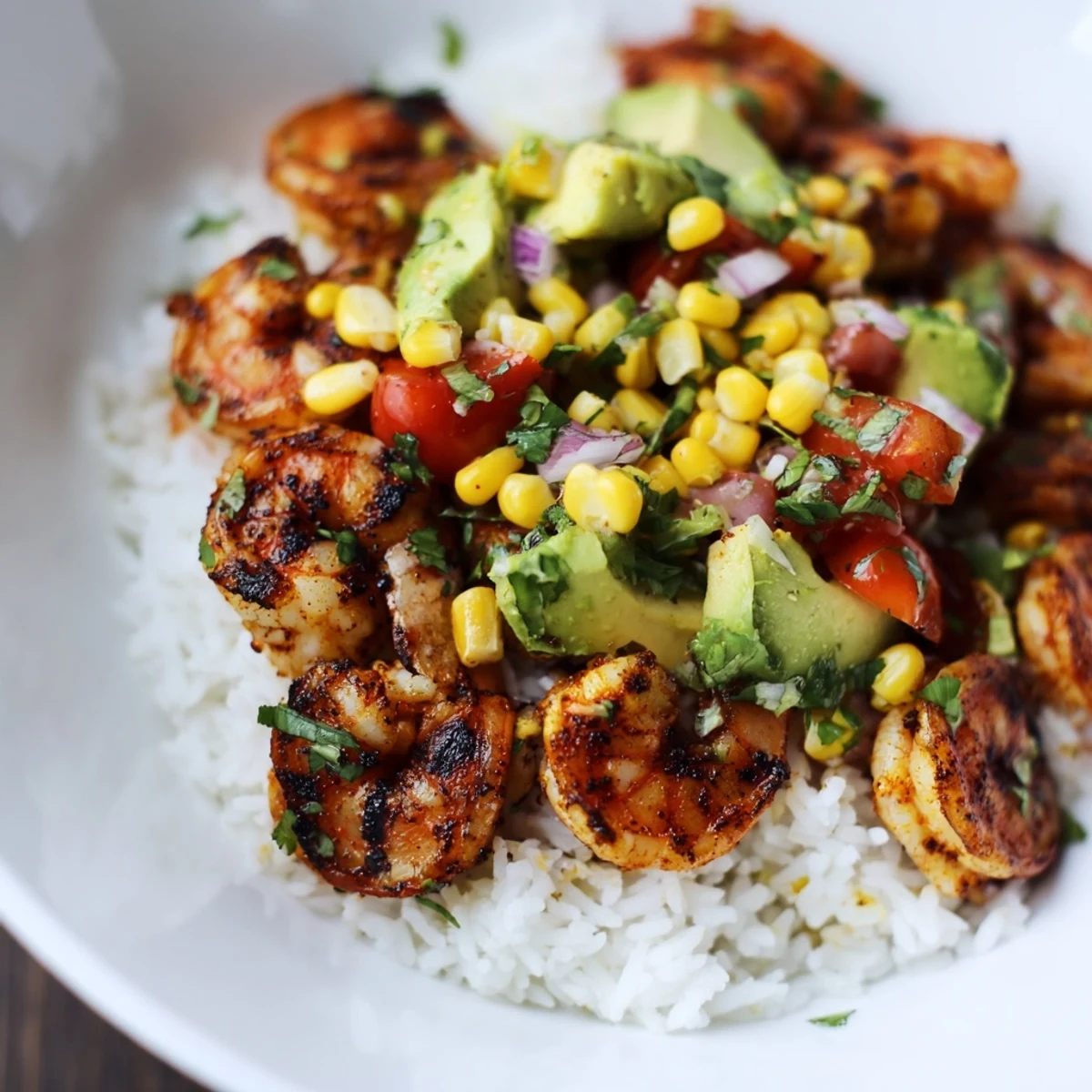 Succulent grilled shrimp bowl with fresh avocado corn salsa on a rustic plate
