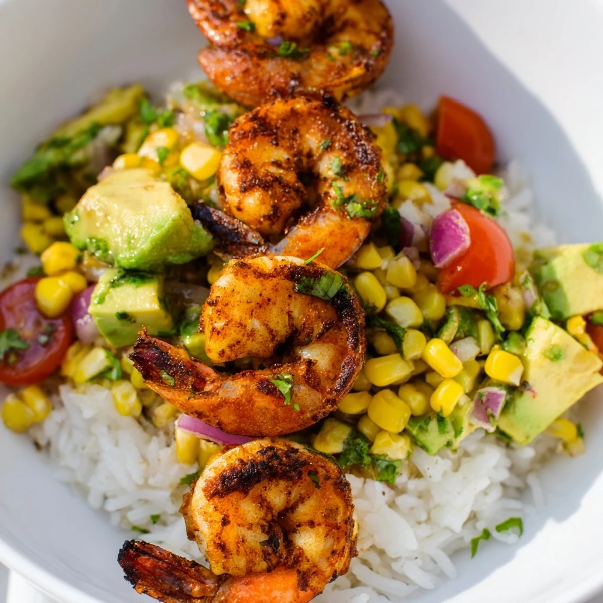 Smoky grilled shrimp bowl topped with vibrant avocado corn salsa and lime wedges