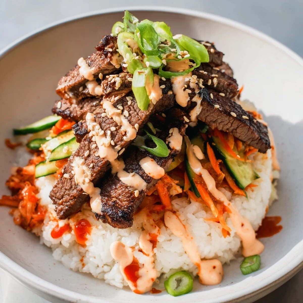 Sizzling caramelized steak atop fluffy rice in Korean BBQ steak rice bowls