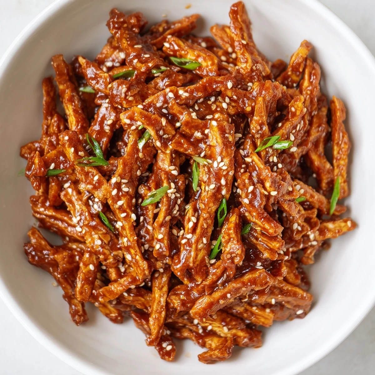 Sweet savory glazed crispy shredded tofu bulgogi bowl garnished with sesame seeds and kimchi