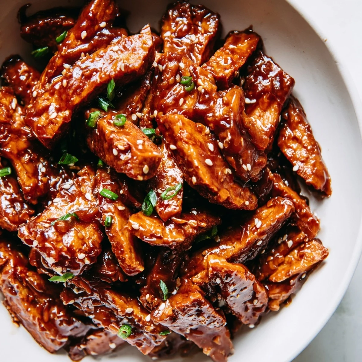 Vegan crispy shredded tofu bulgogi bowl served warm with sautéed spinach and fresh red chili