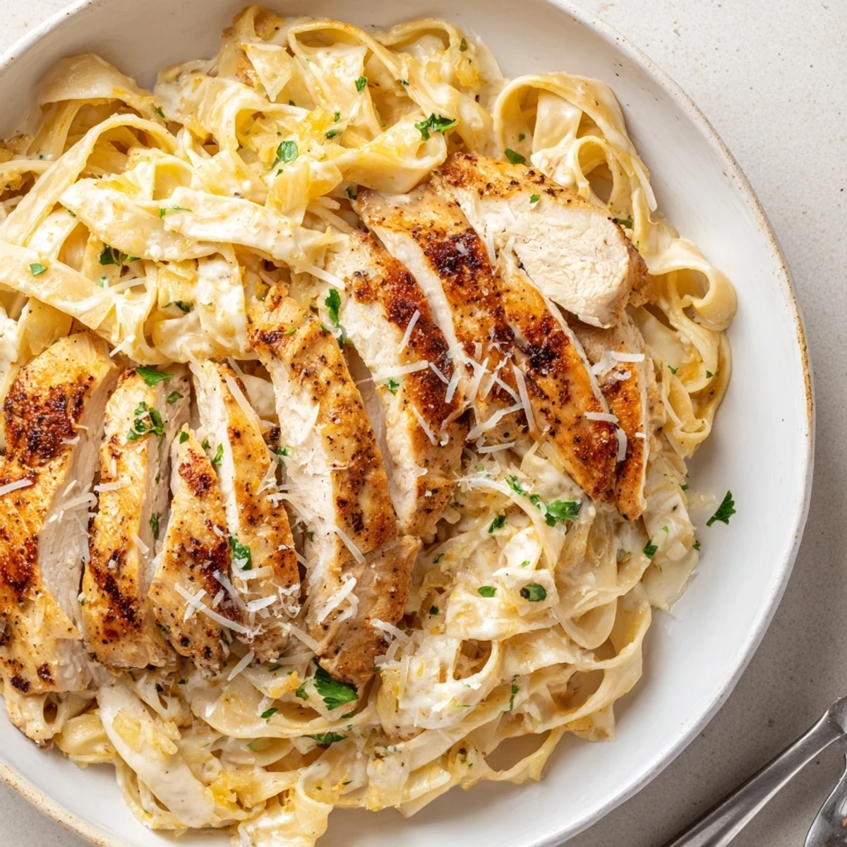 Creamy Garlic Chicken Pasta tossed with parsley, Parmesan shavings, steaming and aromatic