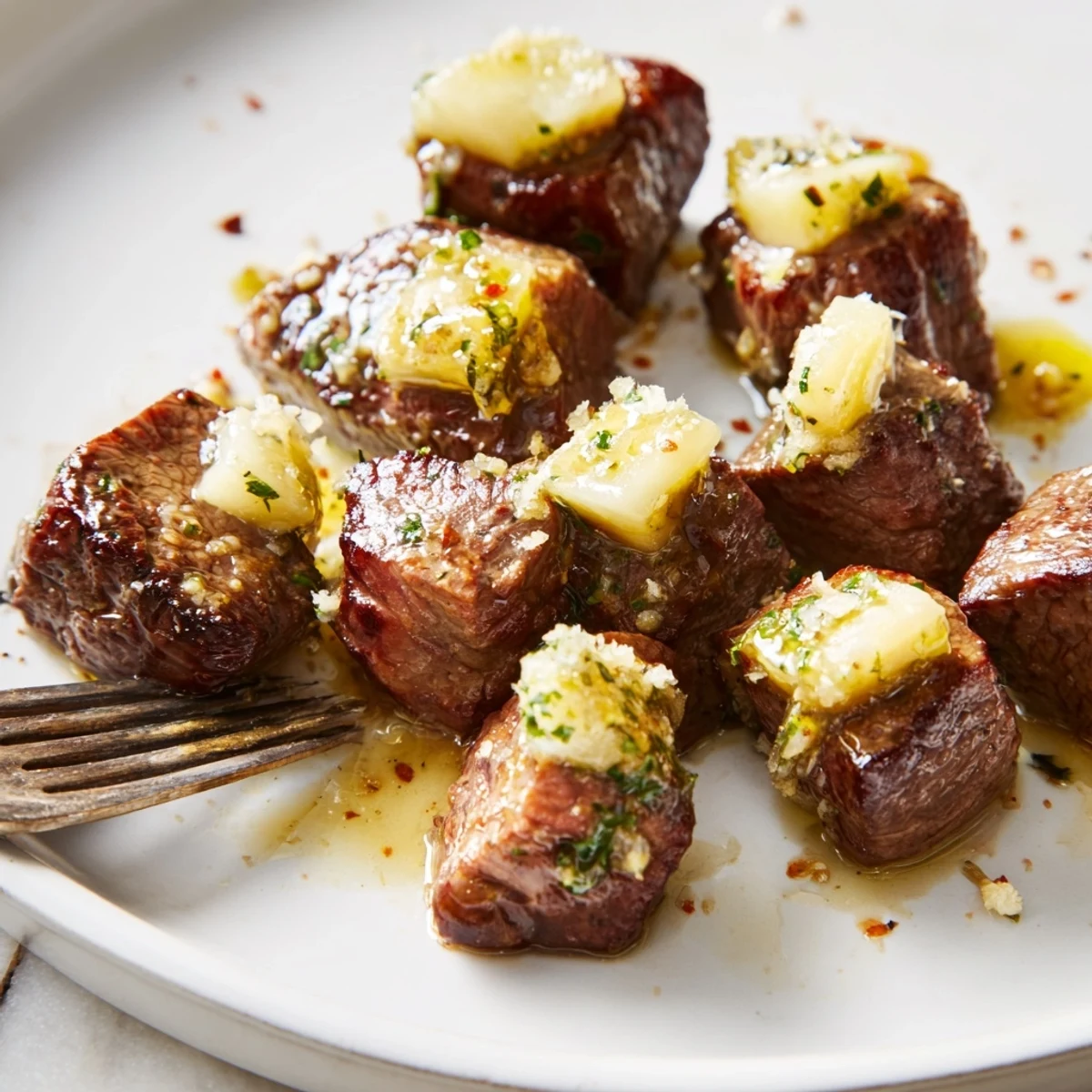 Cowboy Butter Steak Bites Recipe with sizzling seared steak, garlicky herb butter