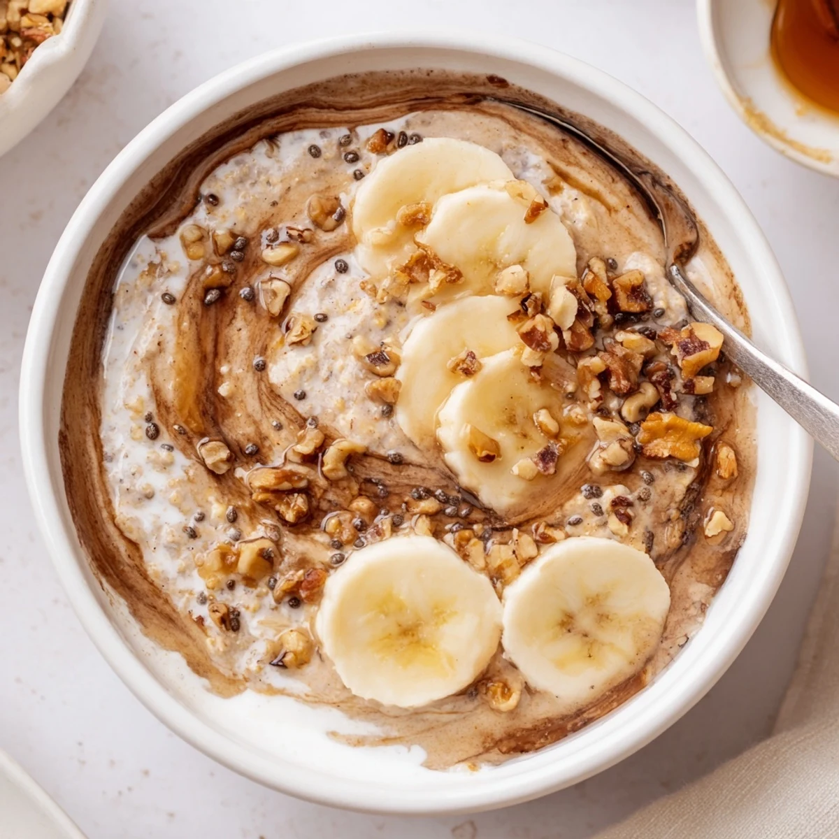 Creamy Brown Sugar Coffee Overnight Oats topped with banana and toasted pecans