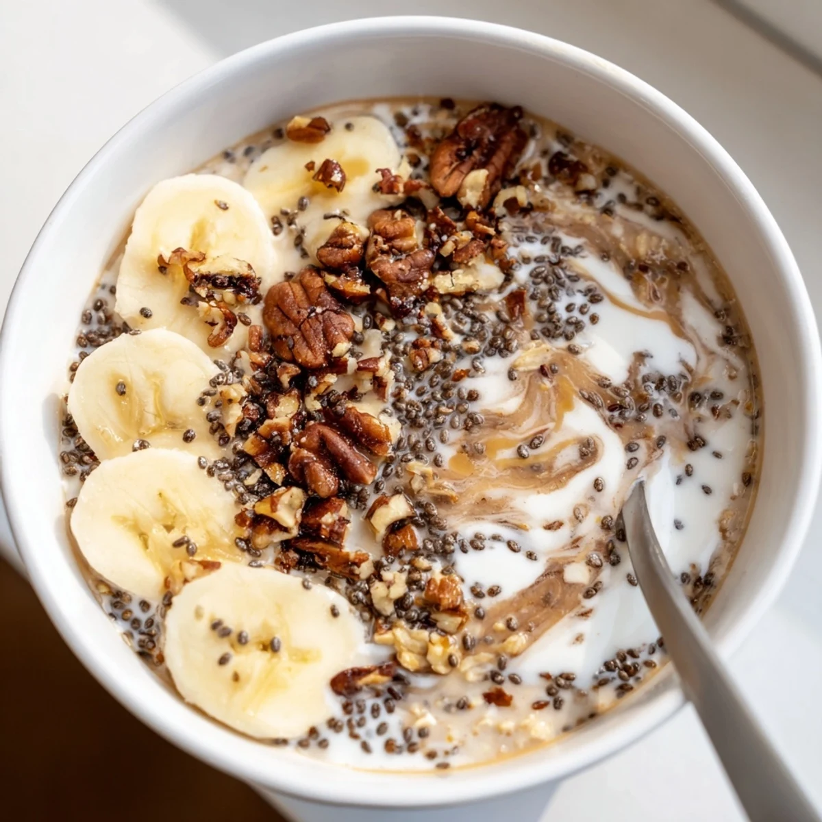 Chilled Brown Sugar Coffee Overnight Oats in mason jar, ready for breakfast