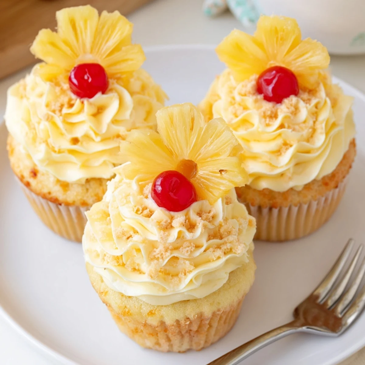 After cooling, Dole Whip Cupcakes Recipe piped with tangy pineapple frosting, garnished