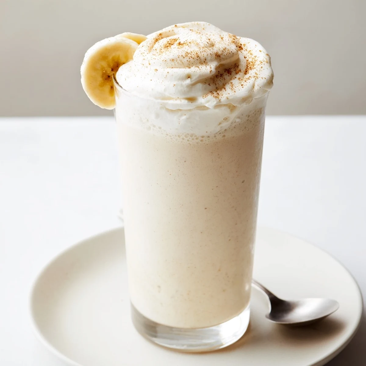 Creamy Vanilla Banana Shake in chilled glass with frothy top, banana slices