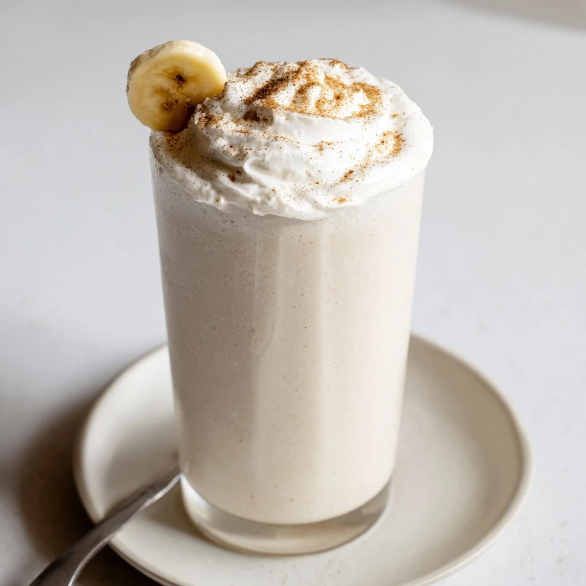Thick Vanilla Banana Shake poured into two glasses, topped with whipped cream