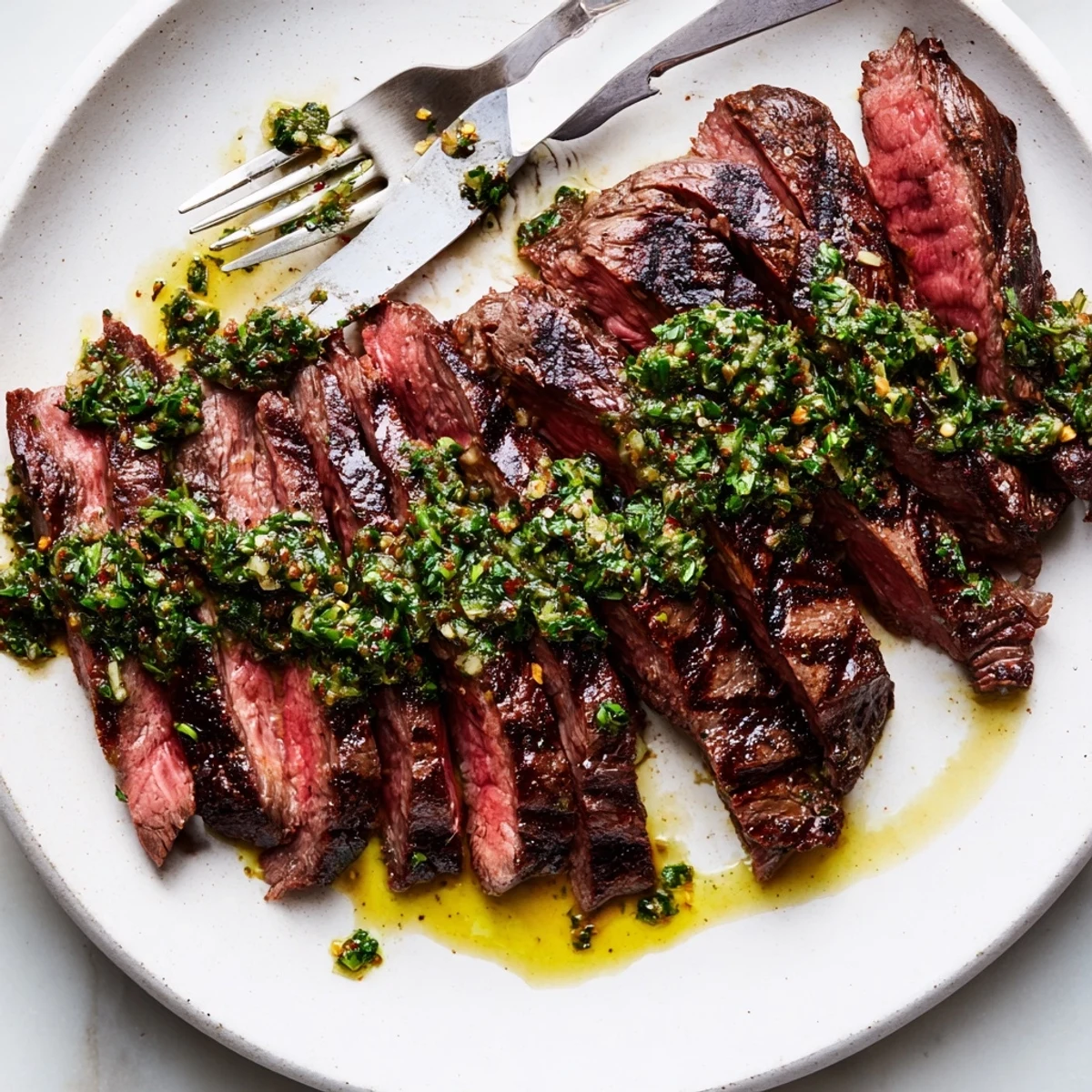 Chimichurri Steak Recipe: juicy grilled ribeye topped with vibrant herby sauce