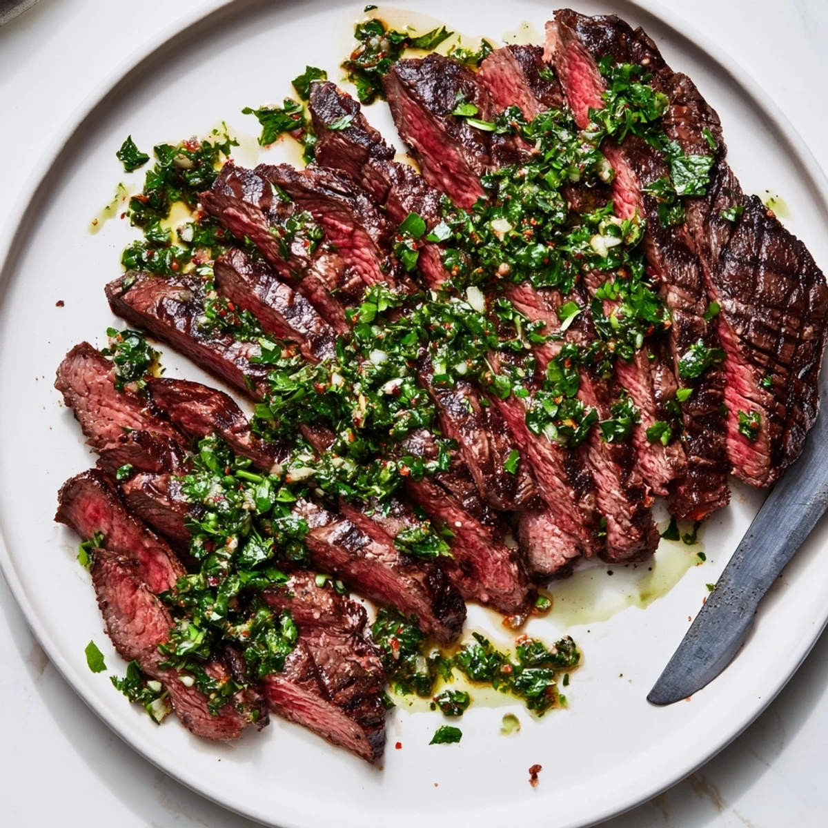 Weeknight Chimichurri Steak Recipe served sliced, garlicky green sauce pooling