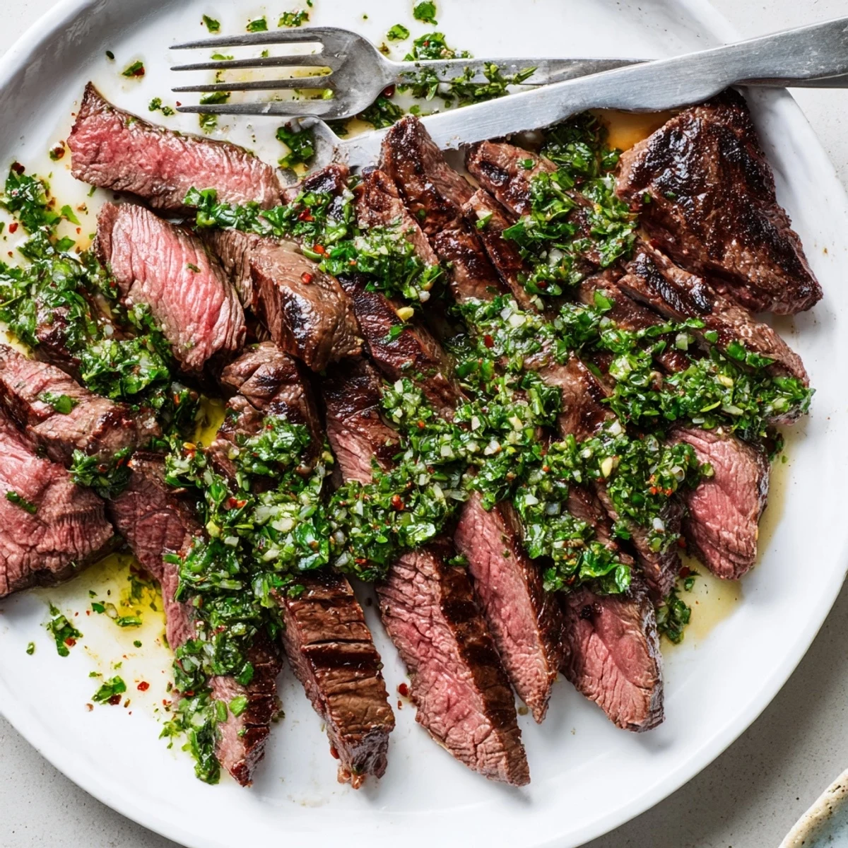 Grilled Chimichurri Steak Recipe resting on board, bright parsley sauce drizzled
