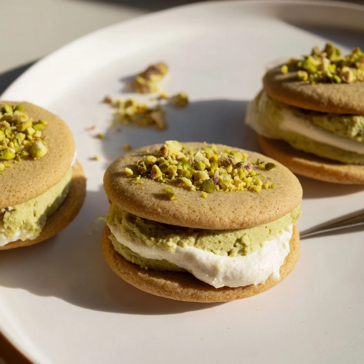 Warm Pistachio Cream Cookies Recipe: buttery rounds sandwiched with glossy pistachio filling