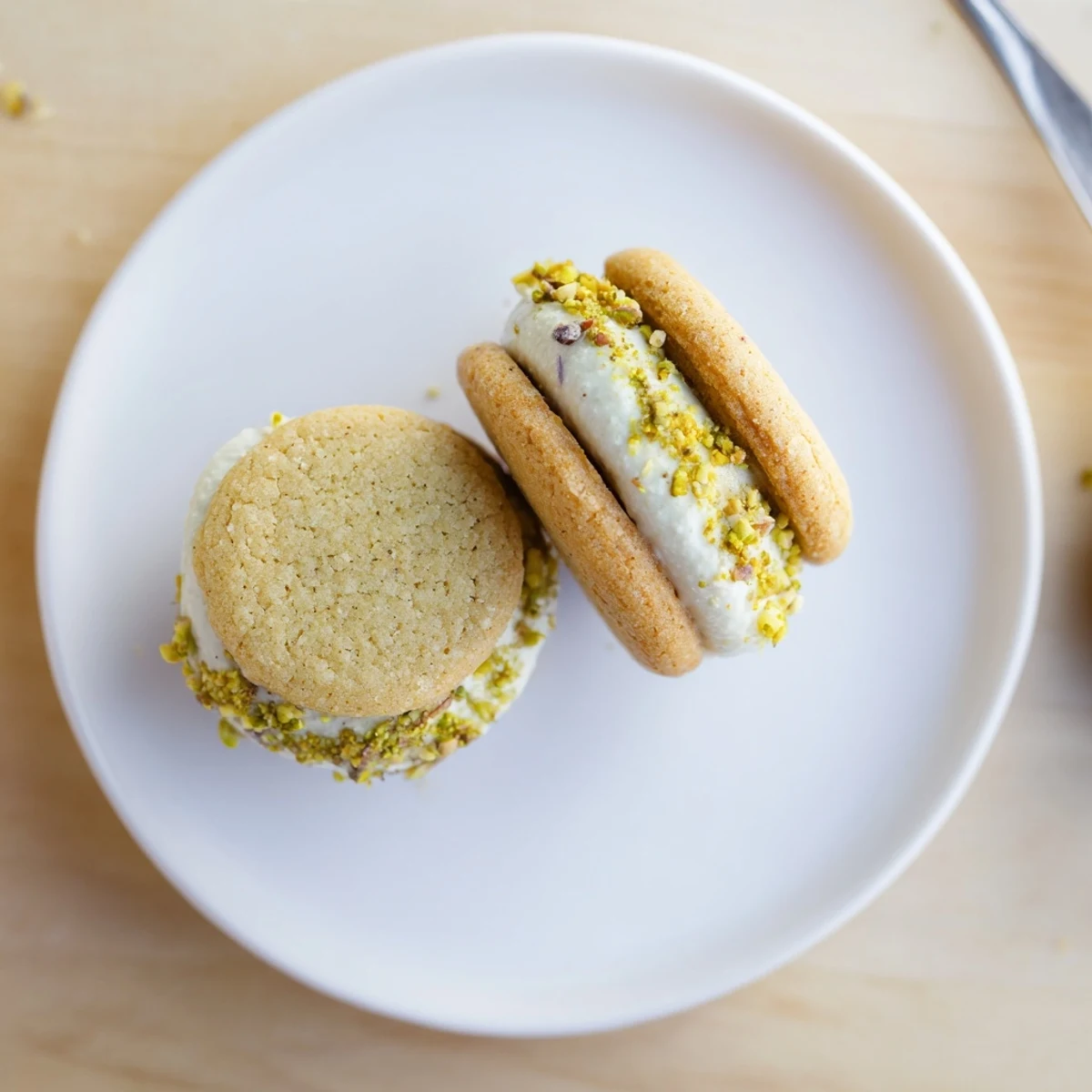 Pistachio Cream Cookies Recipe displayed on a wire rack, sprinkled with chopped pistachios