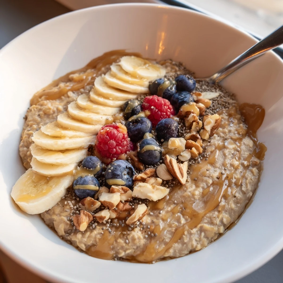 Creamy Protein Oatmeal topped with sliced banana, crunchy nuts, fresh berries.