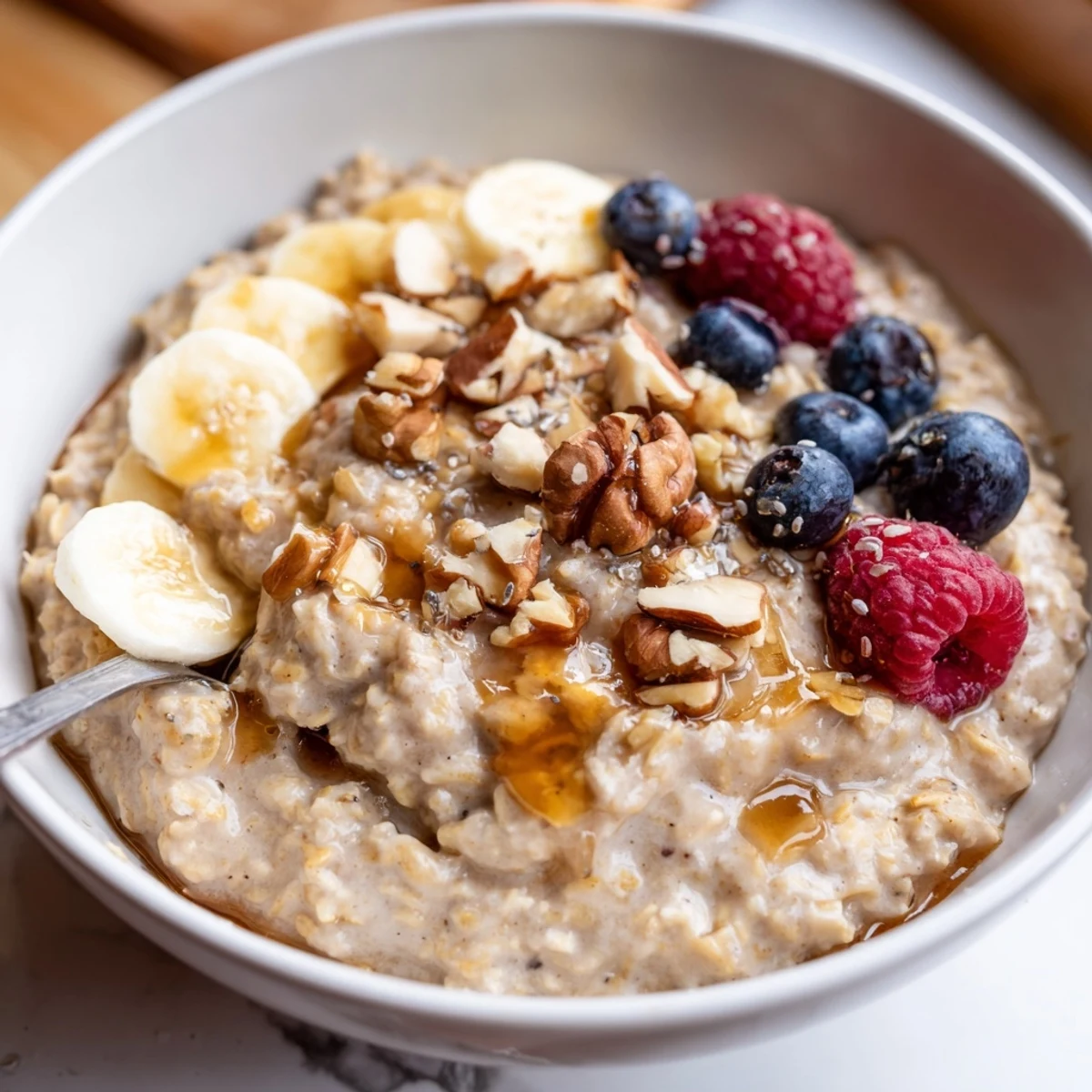 Warm bowl of Protein Oatmeal steaming after simmering, drizzled with maple syrup.