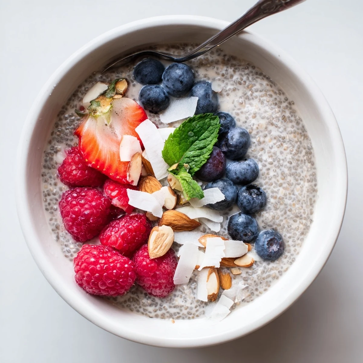 Spoonful of velvety Chia Seed Pudding speckled with swollen seeds