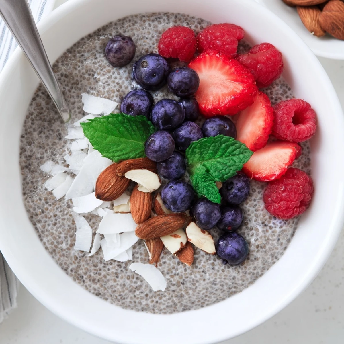 Creamy Chia Seed Pudding in a jar topped with fresh berries
