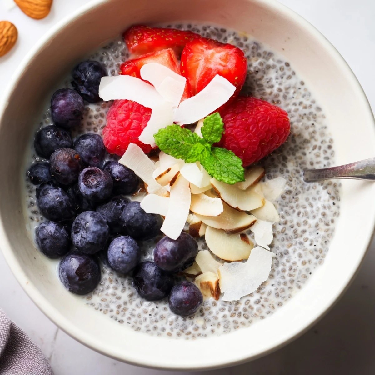 Chilled Chia Seed Pudding layered with berry puree and crunchy almonds