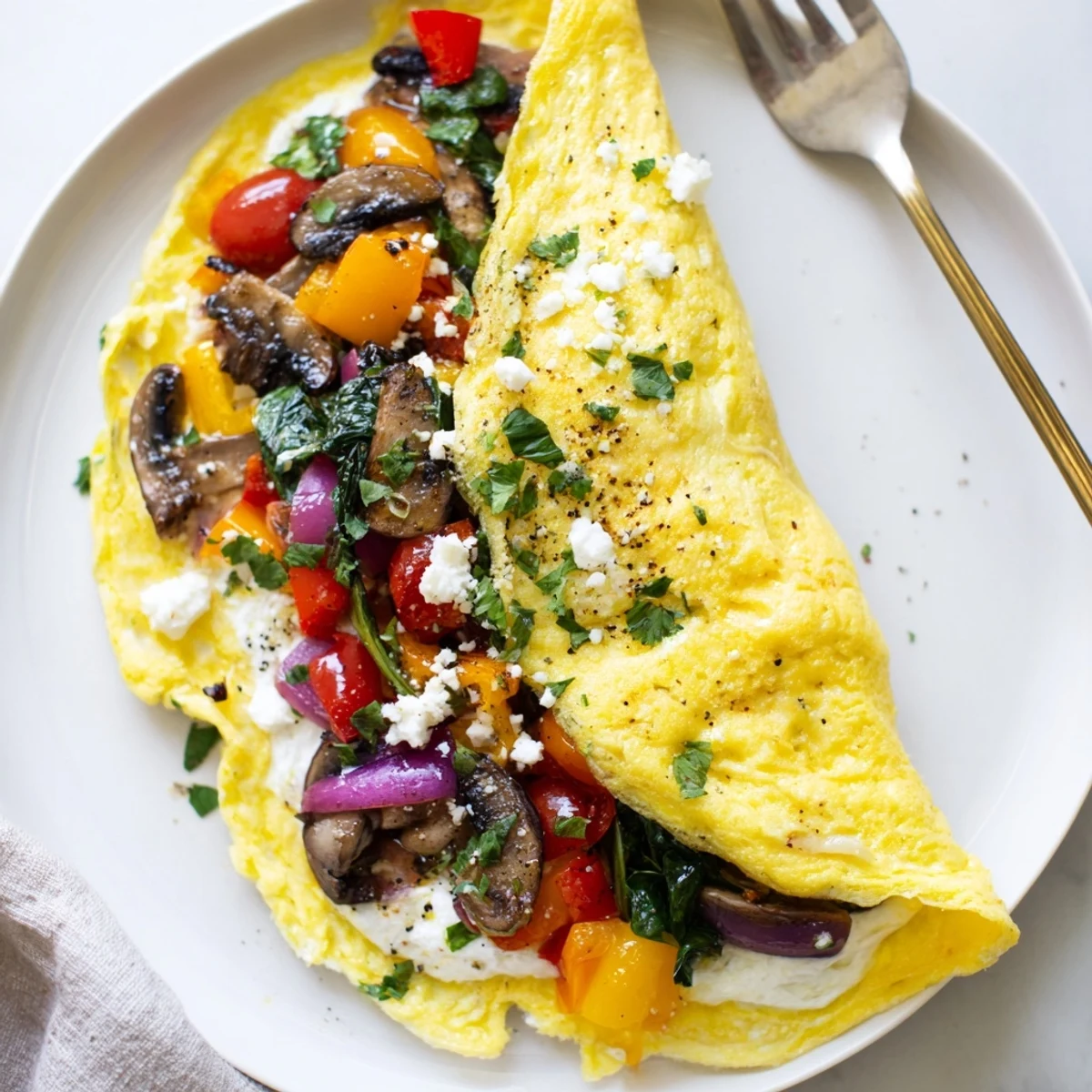 Egg White Omelette with Vegetables folding fluffy whites over sauteed colorful peppers.