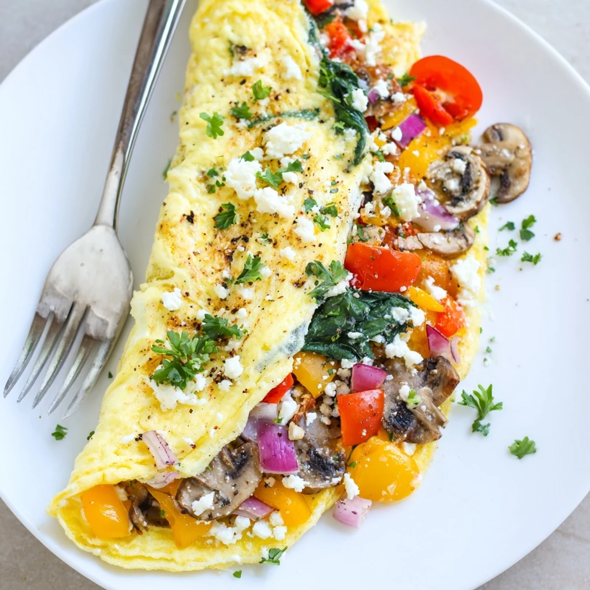 Plate shows Egg White Omelette with Vegetables topped with crumbled feta and parsley.