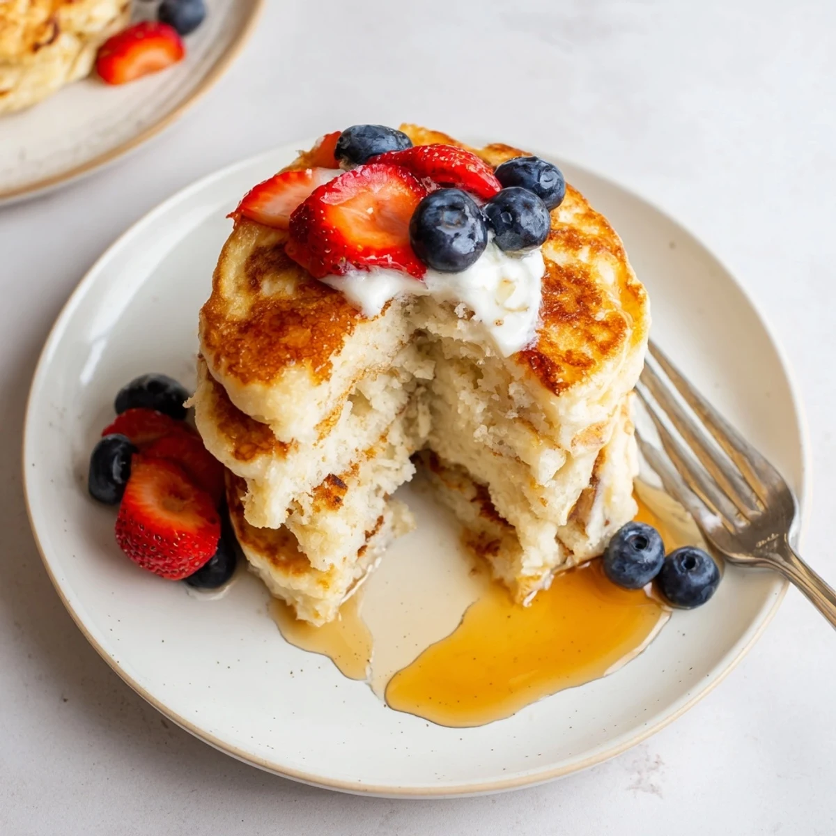 Stack of golden Cottage Cheese Pancakes drizzled with maple syrup, berries