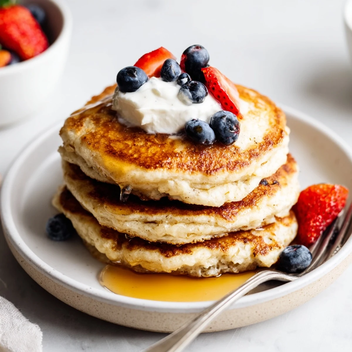 Fluffy Cottage Cheese Pancakes sizzling on skillet, soft curds visible