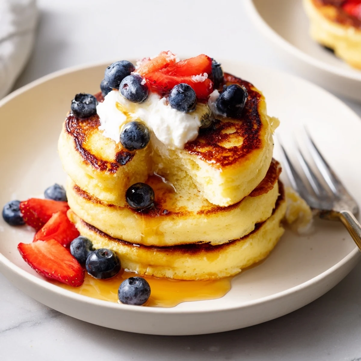 Warm Cottage Cheese Pancakes topped with Greek yogurt and fresh berries
