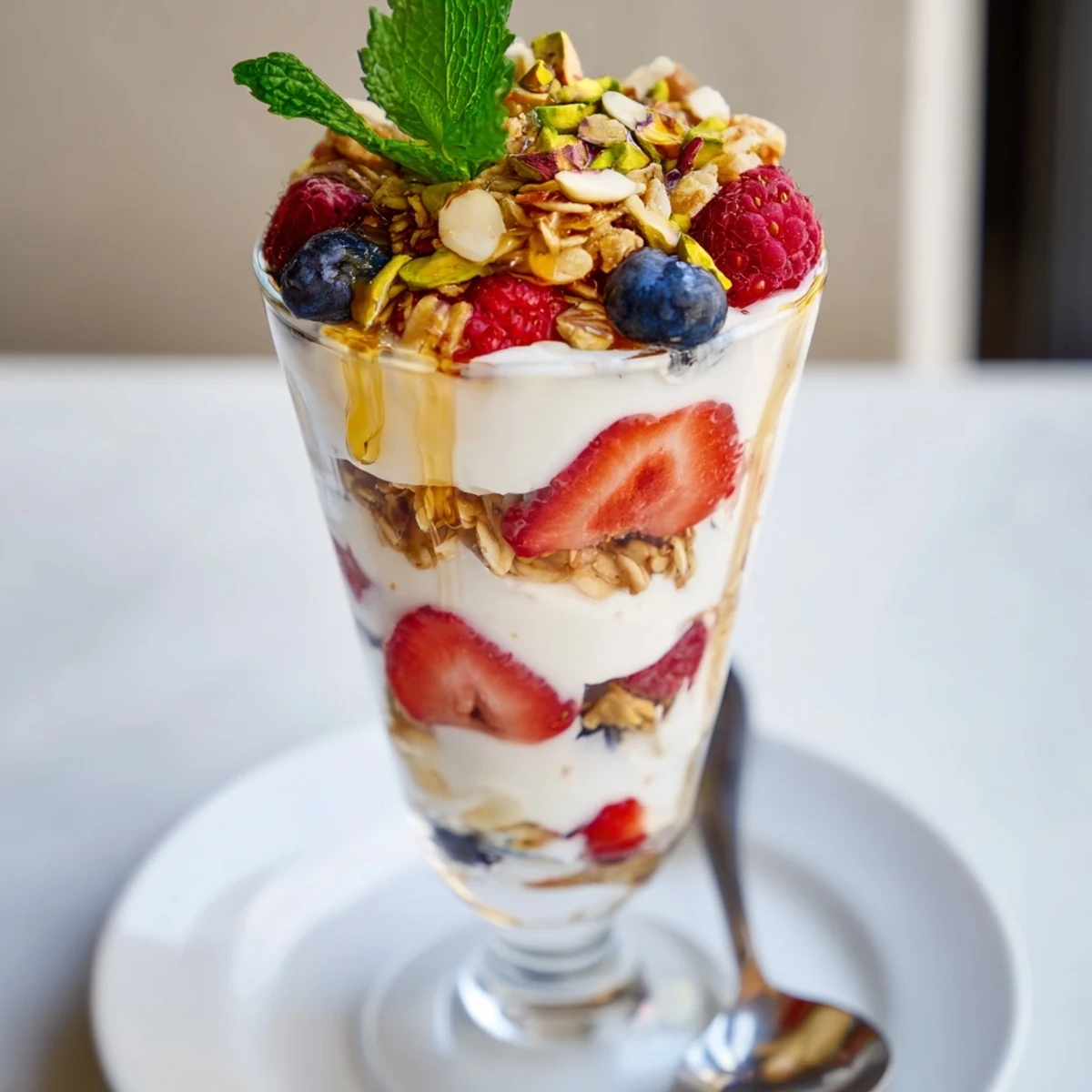 Greek Yogurt Parfait layered with creamy yogurt, bright berries, crunchy granola.