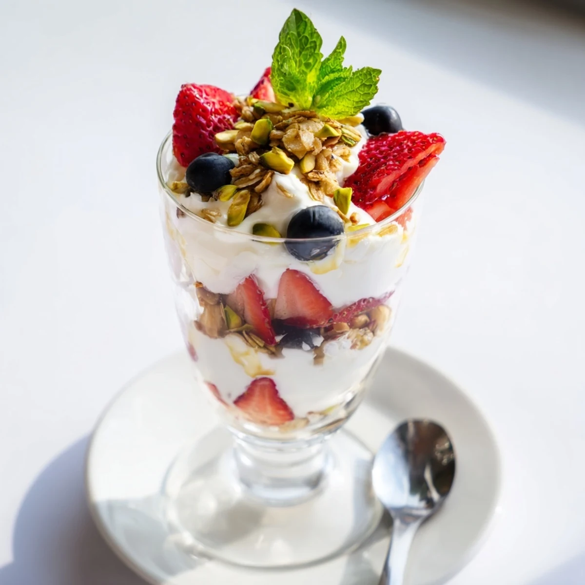 A jar of Greek Yogurt Parfait topped with honey, mint, and chopped nuts.