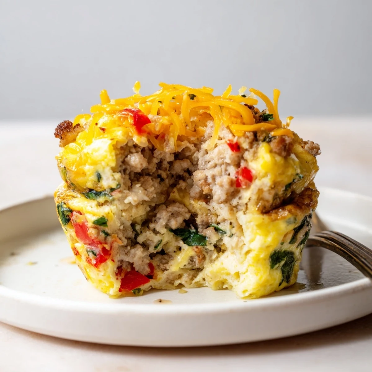 Handheld Turkey Sausage Egg Muffins with red pepper flecks, ideal for meal-prep