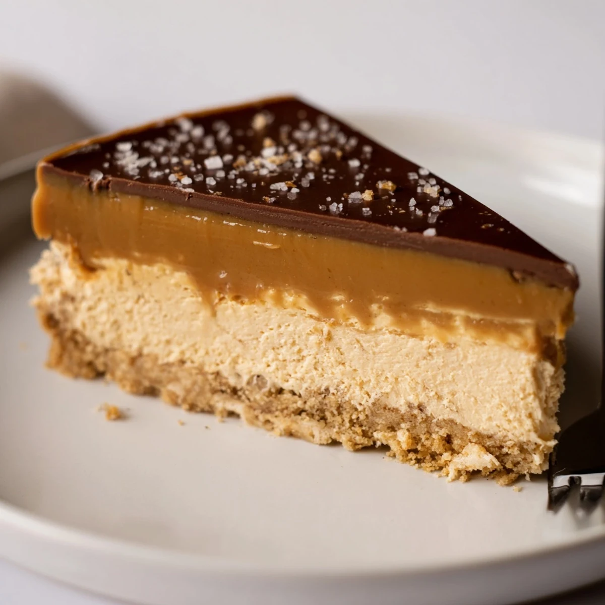 Luxurious Millionaire Cheesecake with glossy chocolate ganache and gooey caramel layers