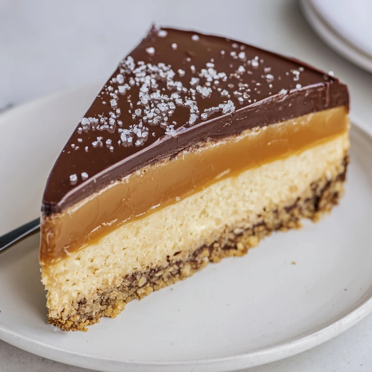 Plated Luxurious Millionaire Cheesecake garnished with sea salt flakes and espresso