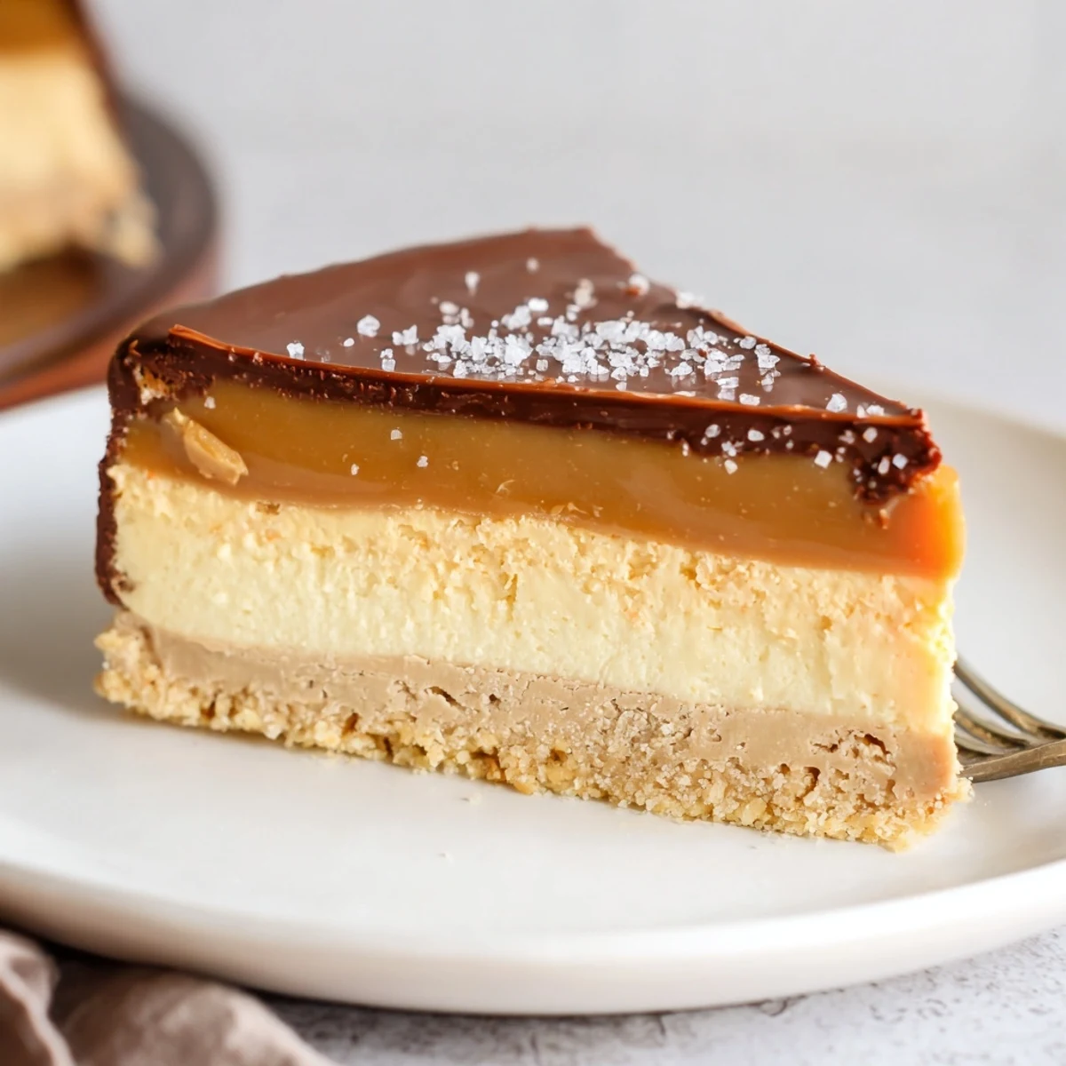 Slice of Luxurious Millionaire Cheesecake showing creamy filling, crunchy biscuit base
