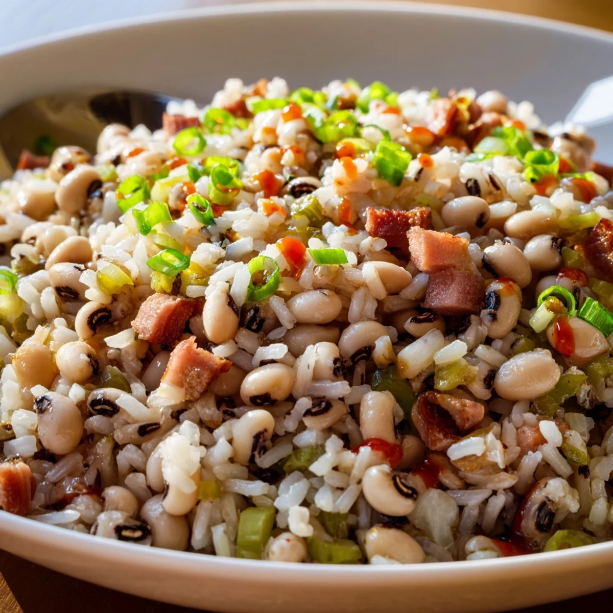 Hearty Smoky Southern Hoppin John steaming with fluffy rice and bacon