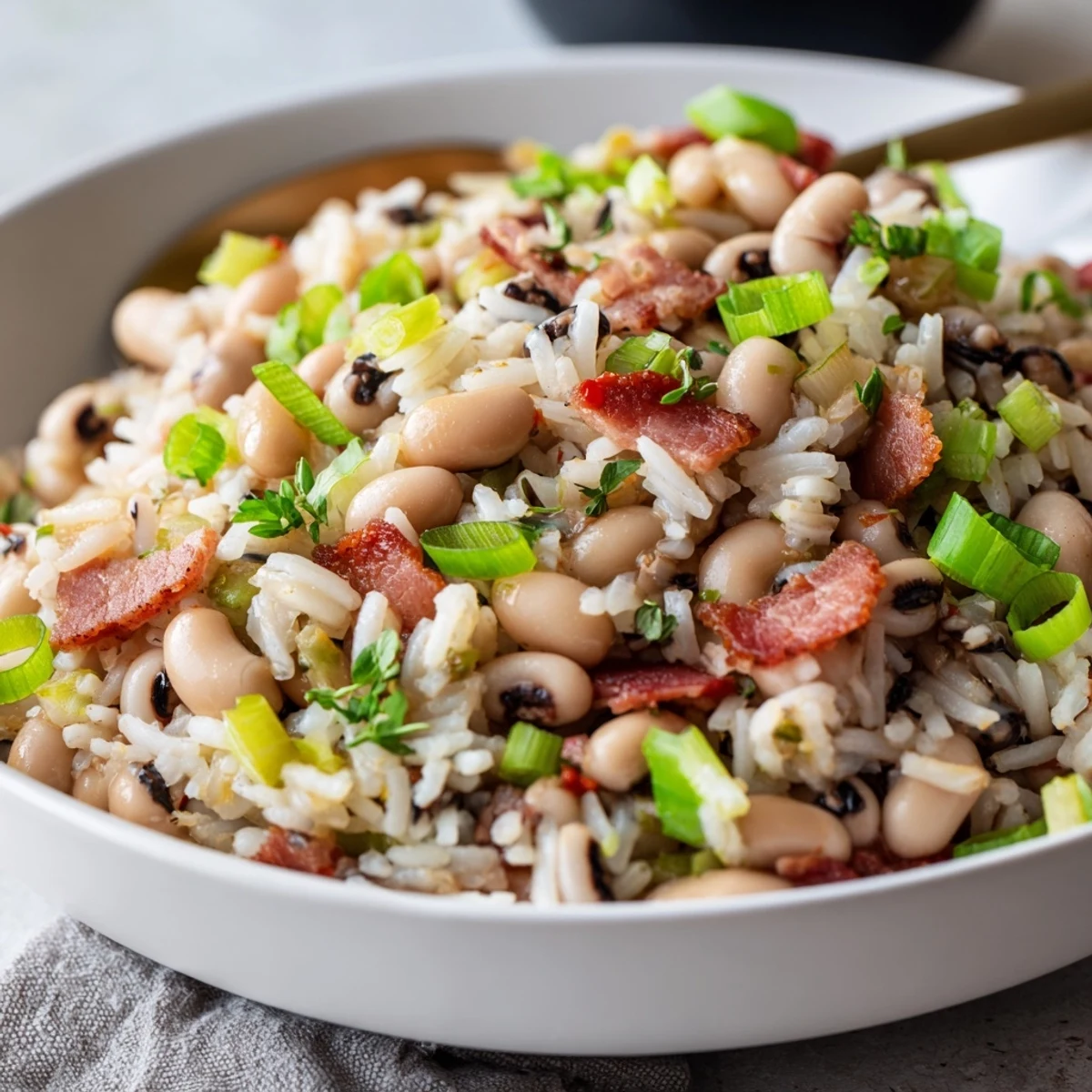 Bowl of Hearty Smoky Southern Hoppin John garnished with sliced green onions