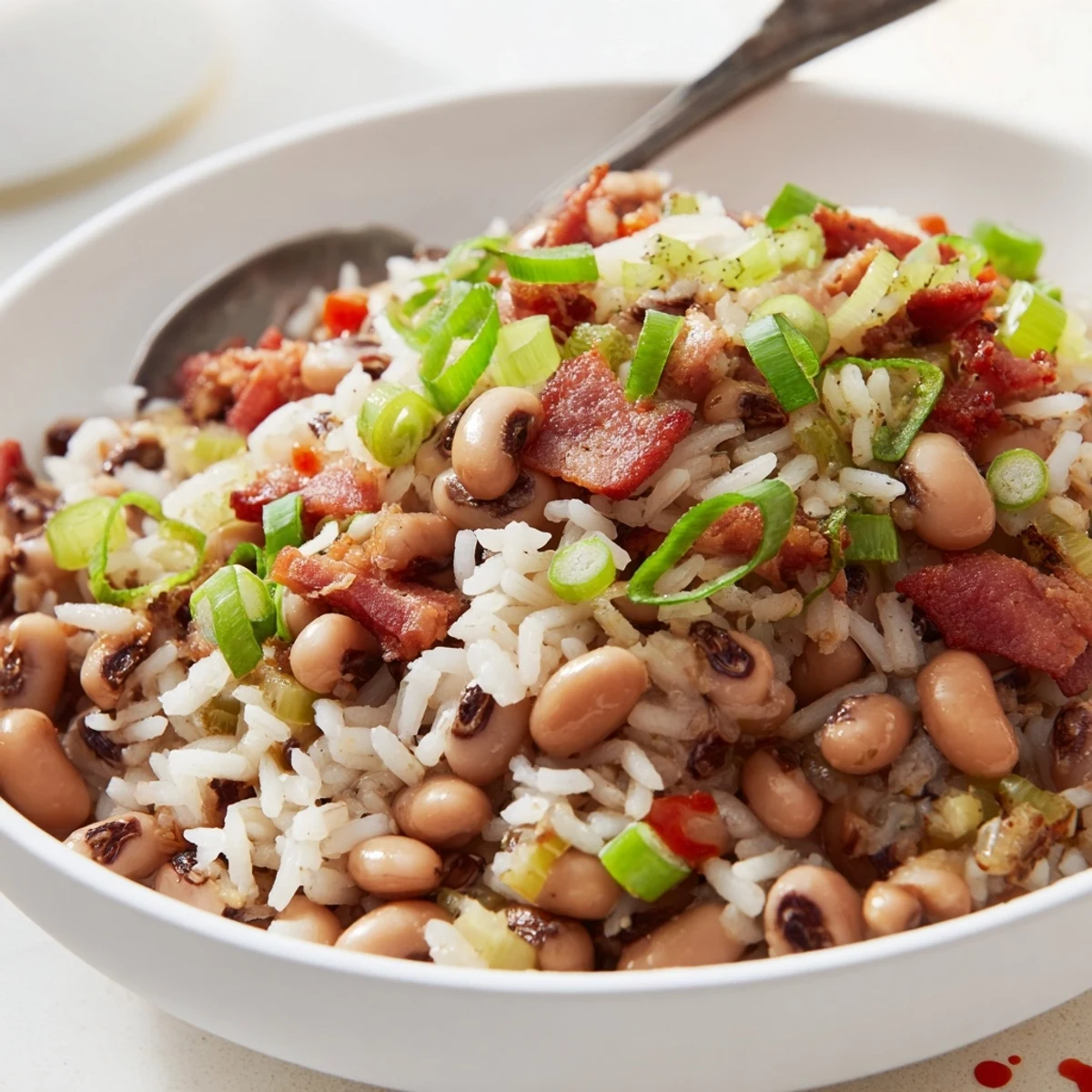 Hearty Smoky Southern Hoppin John beside cornbread, spicy hot sauce drizzled