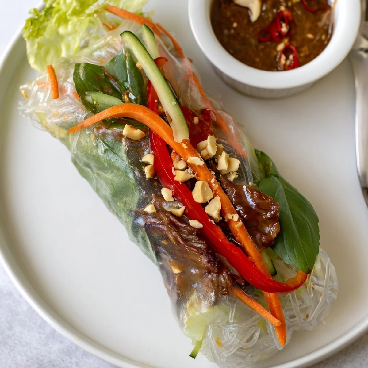 Thai Basil Beef Rolls glisten under hoisin-peanut sauce, packed with crunchy vegetables.