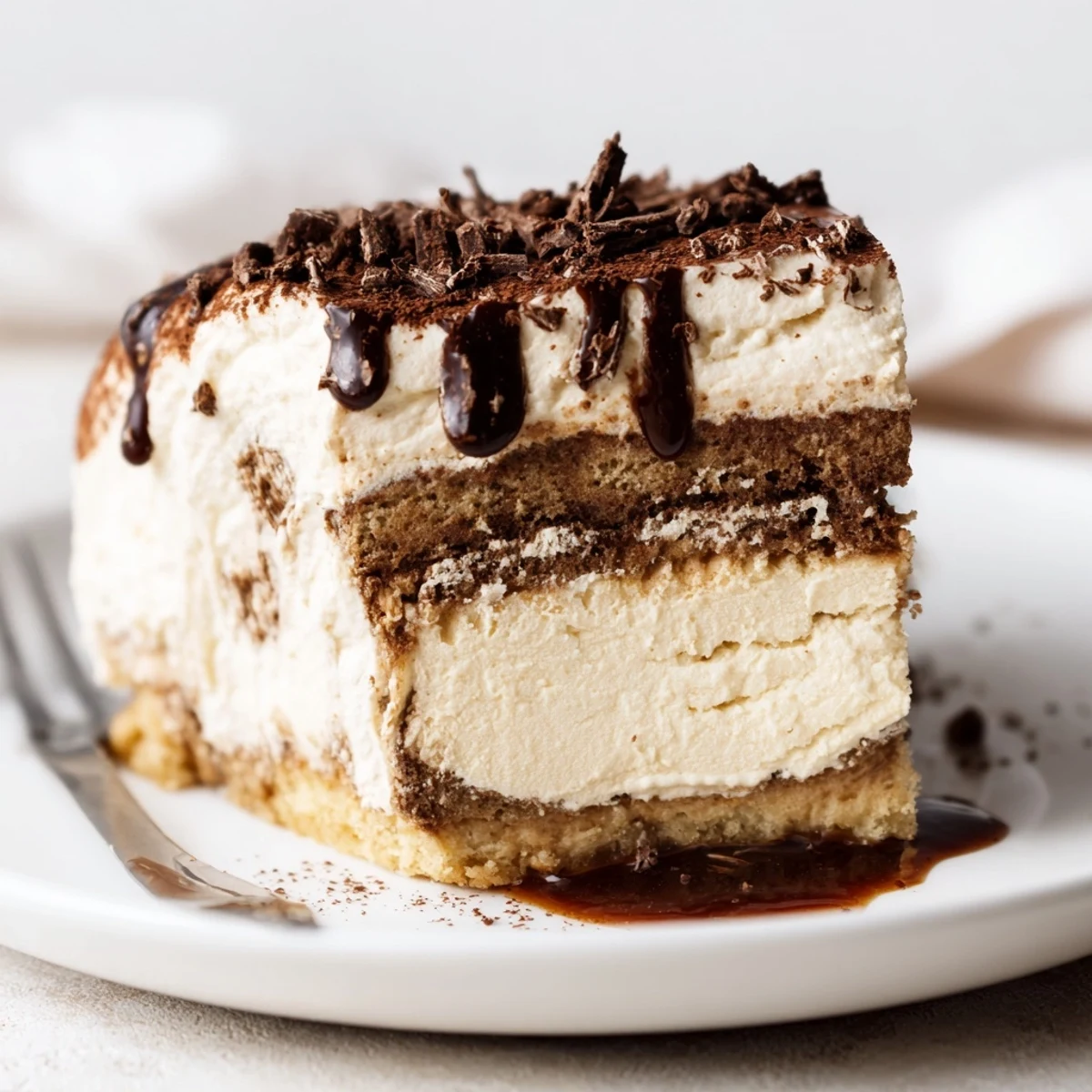 Decadent Creamy Coffee Infused Tiramisu Cheesecake topped with cocoa and chocolate shavings