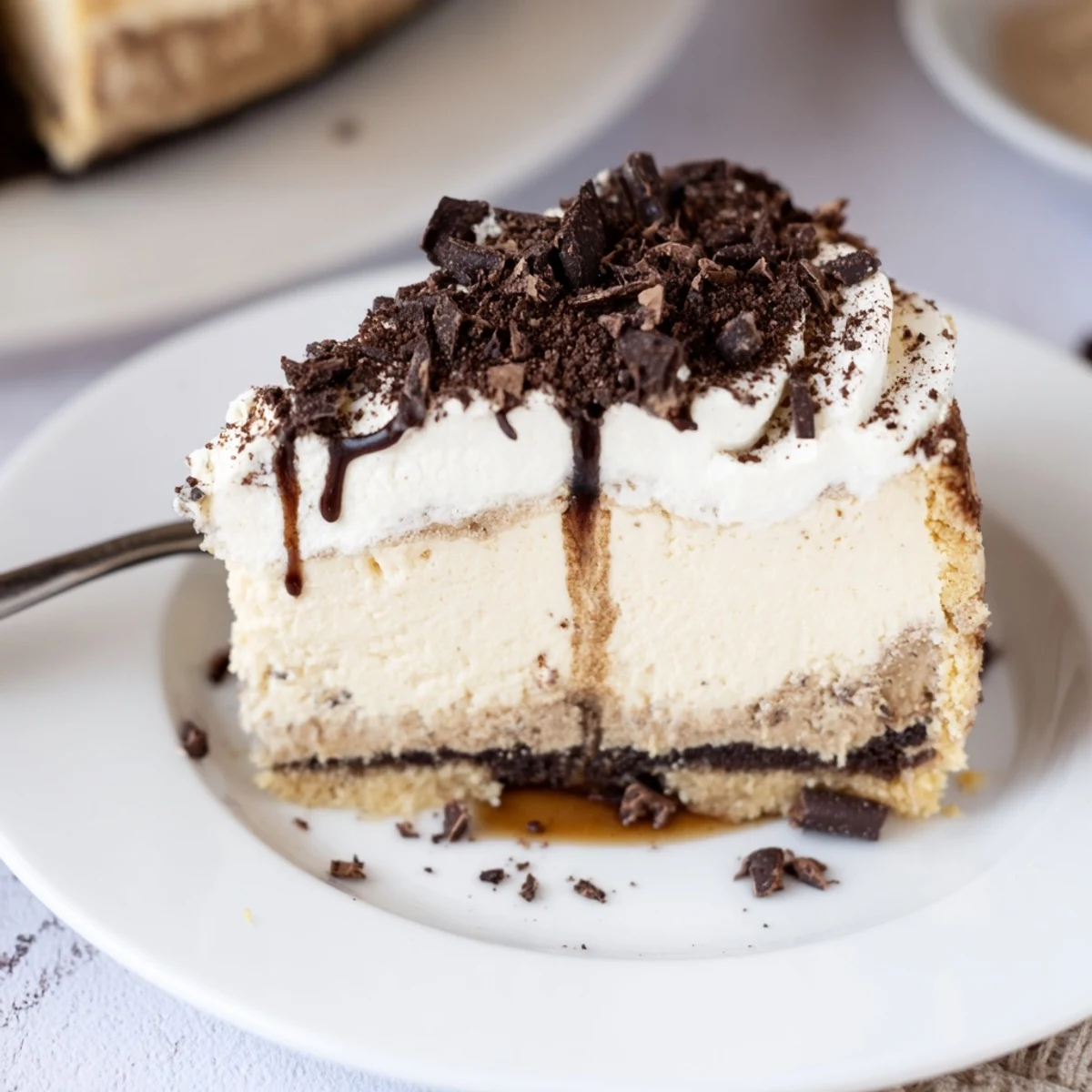 Decadent Creamy Coffee Infused Tiramisu Cheesecake on plate, crunchy cookie base and whipped cream